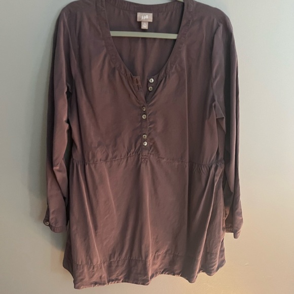 J Jill Purple Silk Top Baby Doll Tunic Pockets 1/2 Button Front Women’s L - Picture 1 of 10